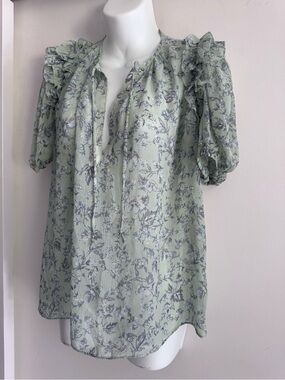 Olivaceous Mint Green Floral Tie-Neck Blouse